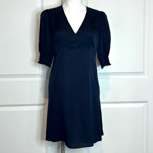 Quince Navy Blue Washable Silk V-neck Puff Short Sleeve Mini Dress S - Picture 2 of 12